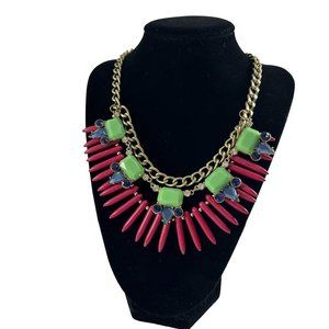 Geranium Gold Tone Necklace Bib Statement Multicolor Rhinestones Pink Green 19"